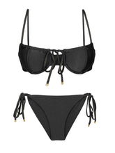 Carica l'immagine nel visualizzatore di Gallery, Product Front: Rio De Sol Completo Set Shimmer-Black Balconet-Tie Cheeky-Tie-Gold
