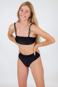 Model Front: Rio De Sol Slip Bottom Shimmer-Black Hotpants