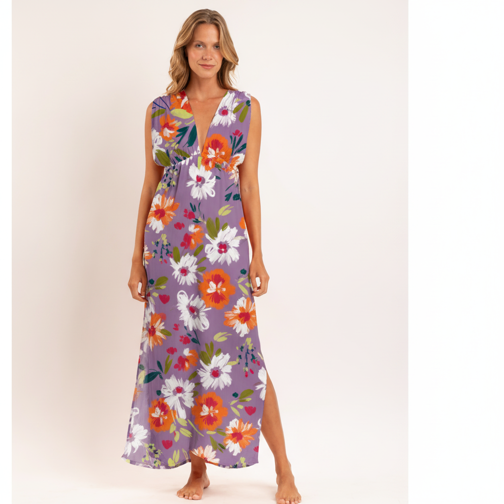 Model Front: Rio De Sol Vestito Da Spiaggia Garden-Flower Long Dress Soleil
